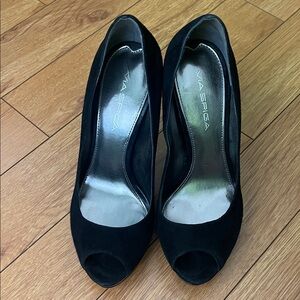 Via Spiga Black Suede Peep Toe Platform Heels